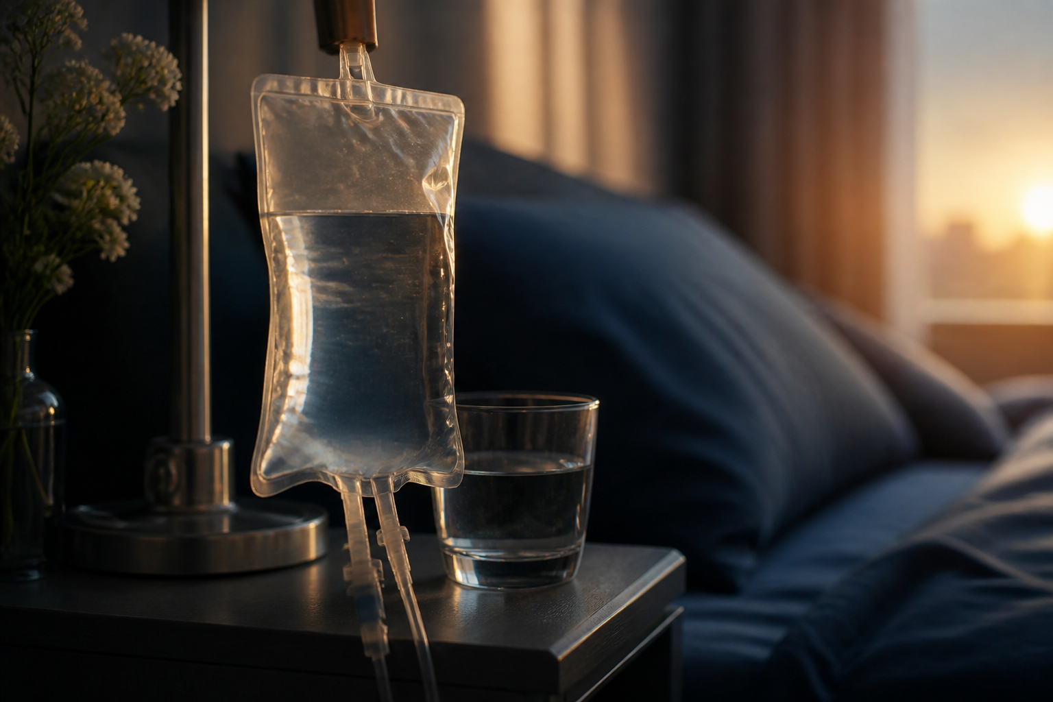 Hangover relief IV drip set up bedside for fast recovery