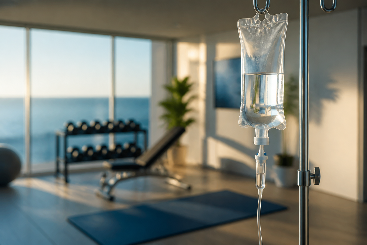 Recovery and performance IV drip in a home gym setting