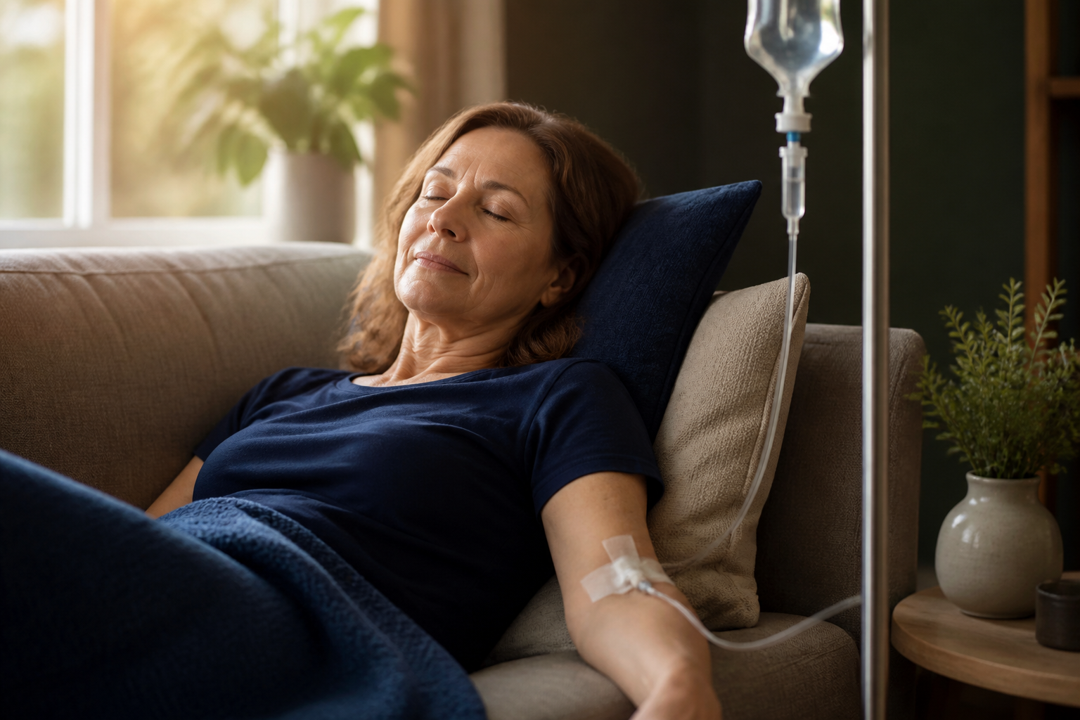Relaxing on the couch during the hydration drip