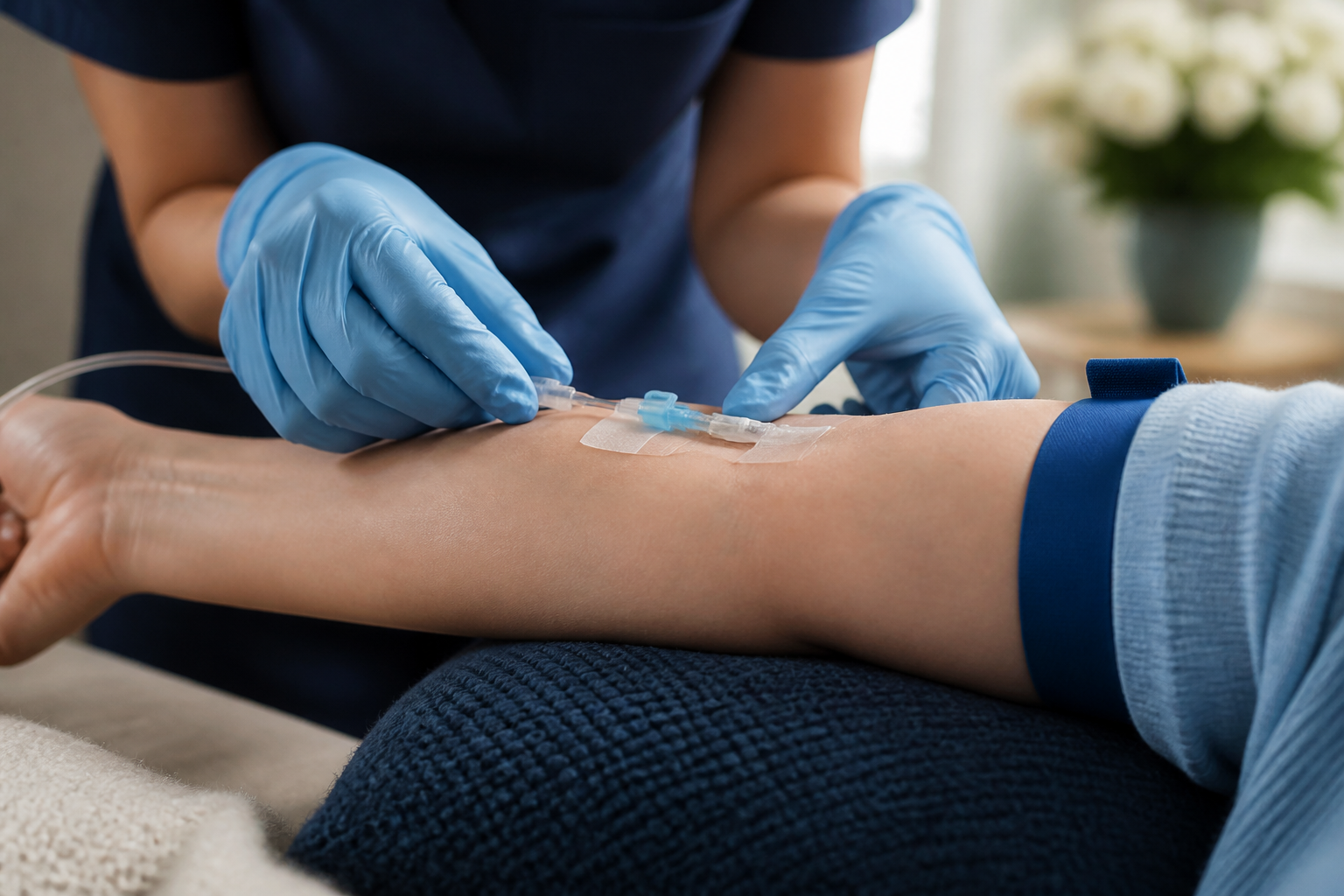 Nurse placing IV line gently for NAD+ infusion