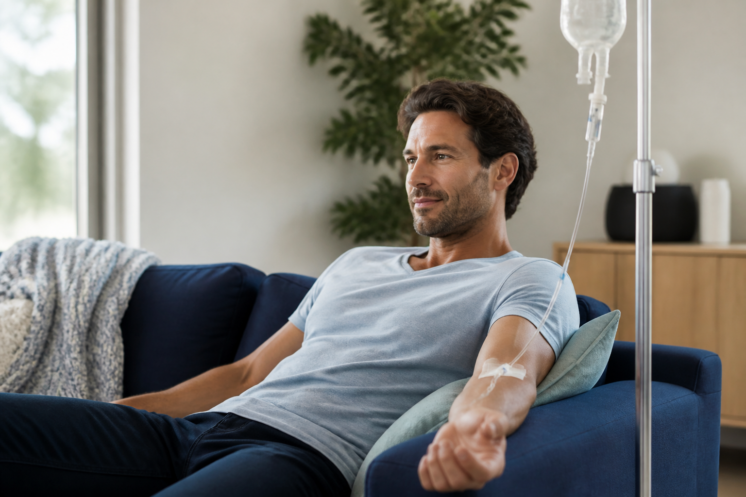 Man getting IV set up at home