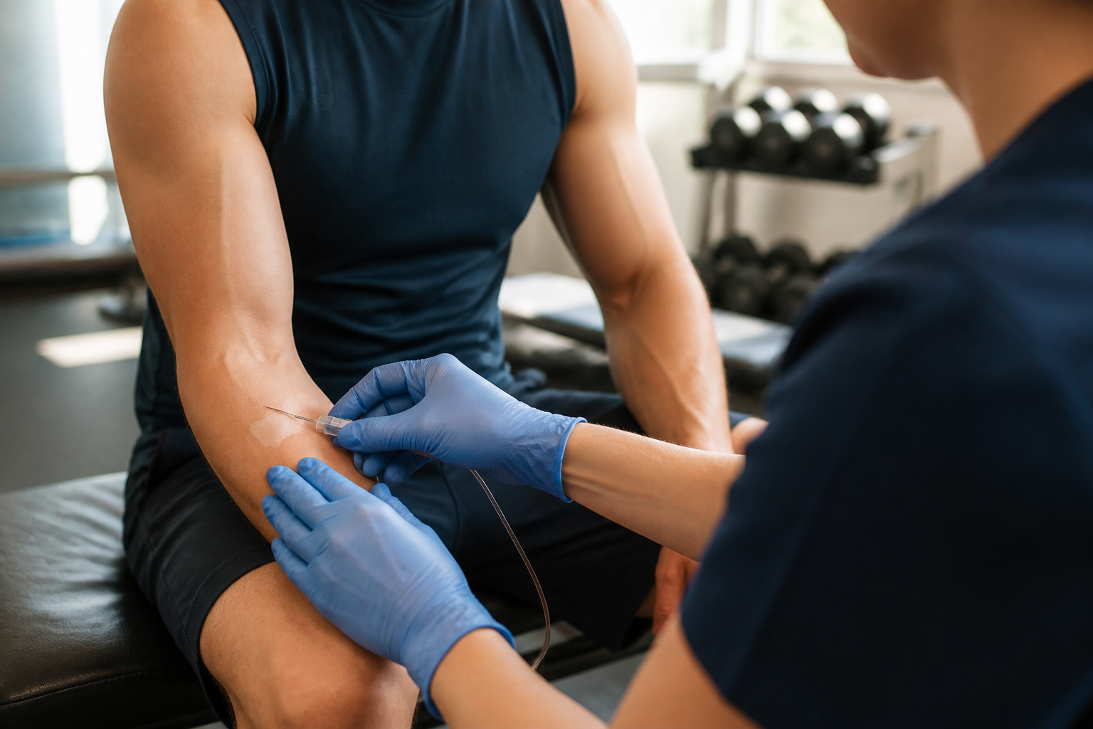 Nurse setting up the recovery IV in a home gym