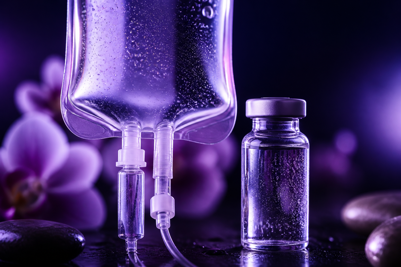 Glutathione IV vial with violet glow
