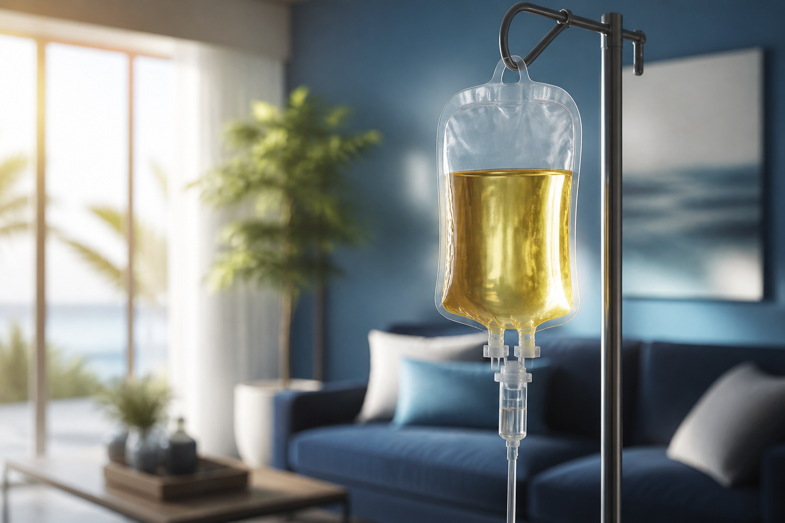 Myers Cocktail IV vitamin drip bag set up for an at-home infusion