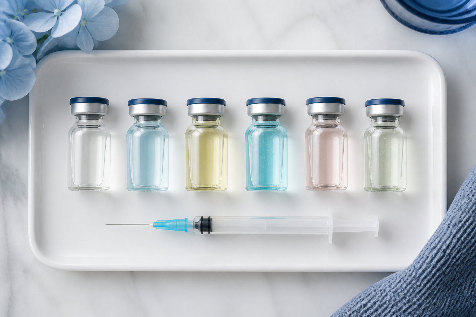 Lineup of vitamin shot vials ready for injection